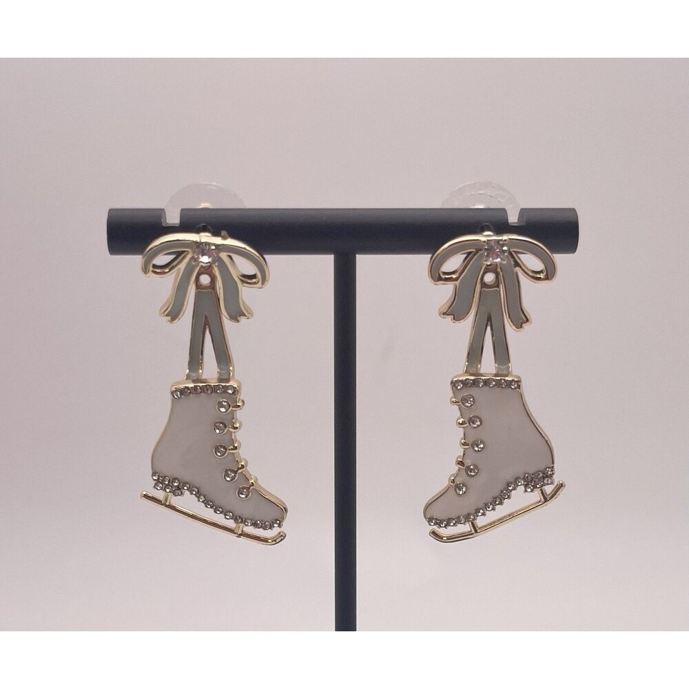 Baublebar White Ice Skating Shoes Blue Ribbon Rhinestone Dangle Earrings